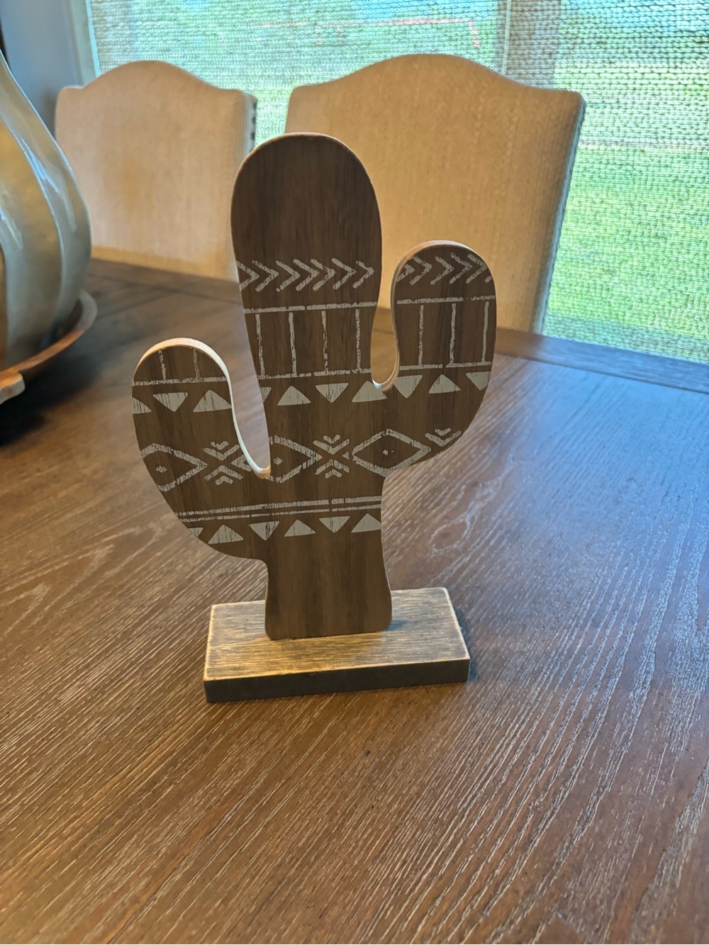 Wooden Cactus Tabletop Decor - Brown with White Pattern